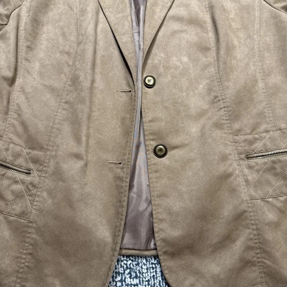 Tanjay Faux Suede Jacket Size 16 Tan Camel Quilted Shoulder Blazer Button Front